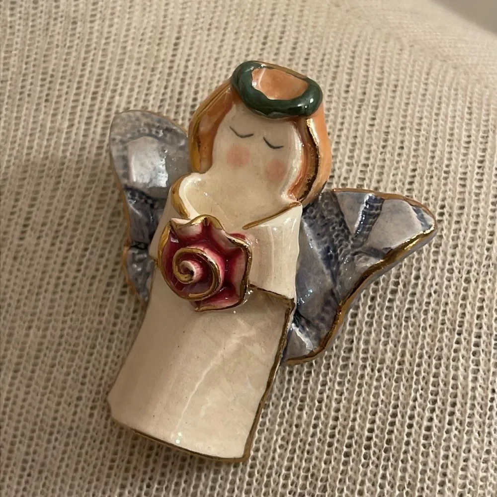 Vintage Ceramic Lusterware Angel with Rose Brooch Lapel Pin